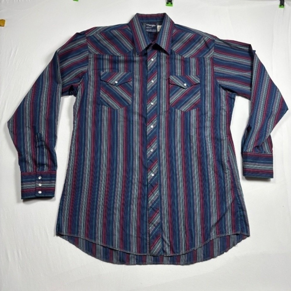 Wrangler Cowboy Cut Western Shirt Mens 17.5 x 36 Striped Pearl Snap 71130MH